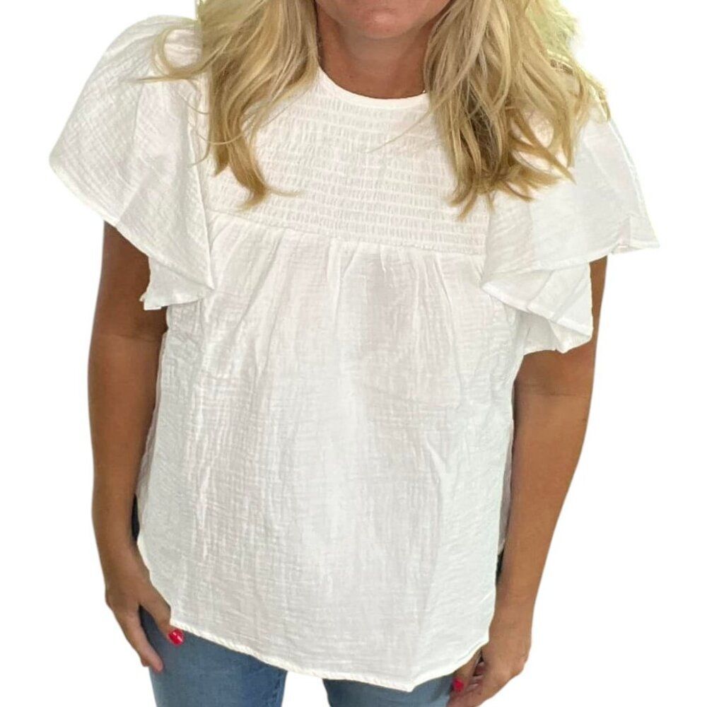 NEW L LuLaRoe Maddy Flutter Sleeve Smock Top White Shirt Short Sleeve Comfy